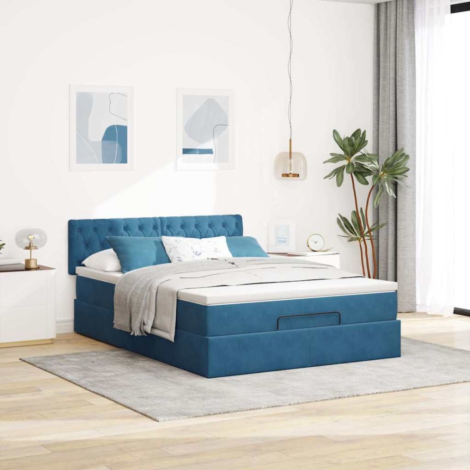 Estructura de cama otomana con colchón terciopelo azul