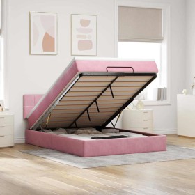 Estructura cama otomana con colchón terciopelo rosa 140x190