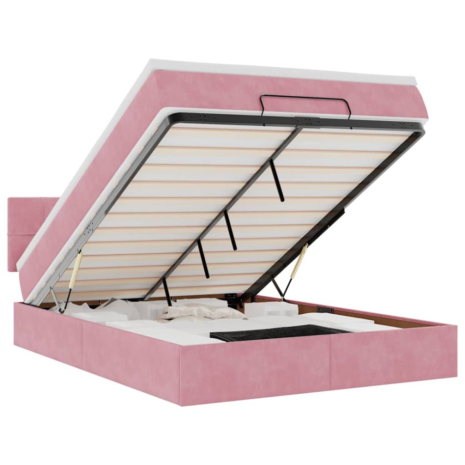 Estructura cama otomana con colchón terciopelo rosa 140x190