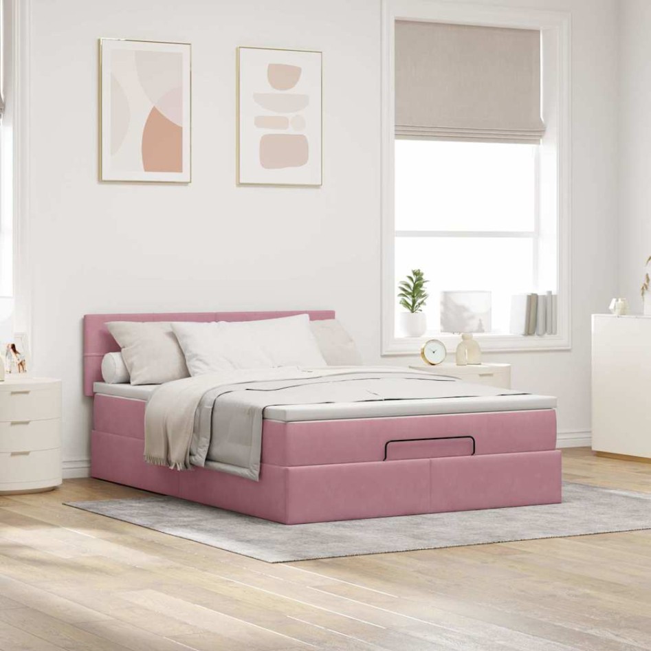 Estructura cama otomana con colchón terciopelo rosa 140x190