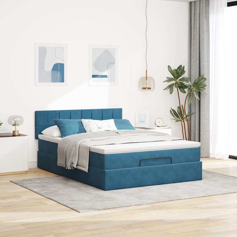 Estructura de cama otomana con colchón terciopelo azul