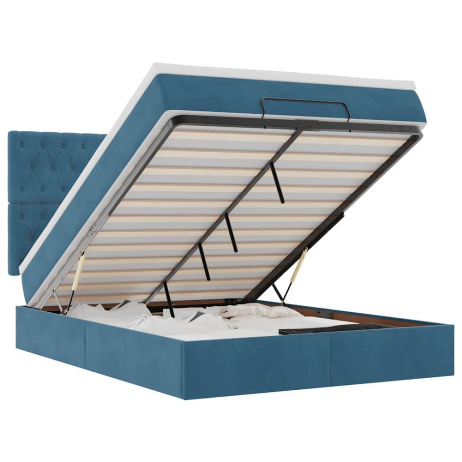 Estructura de cama otomana con colchones terciopelo azul