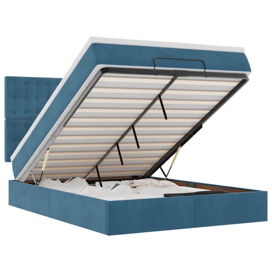 Estructura de cama otomana con colchones terciopelo azul