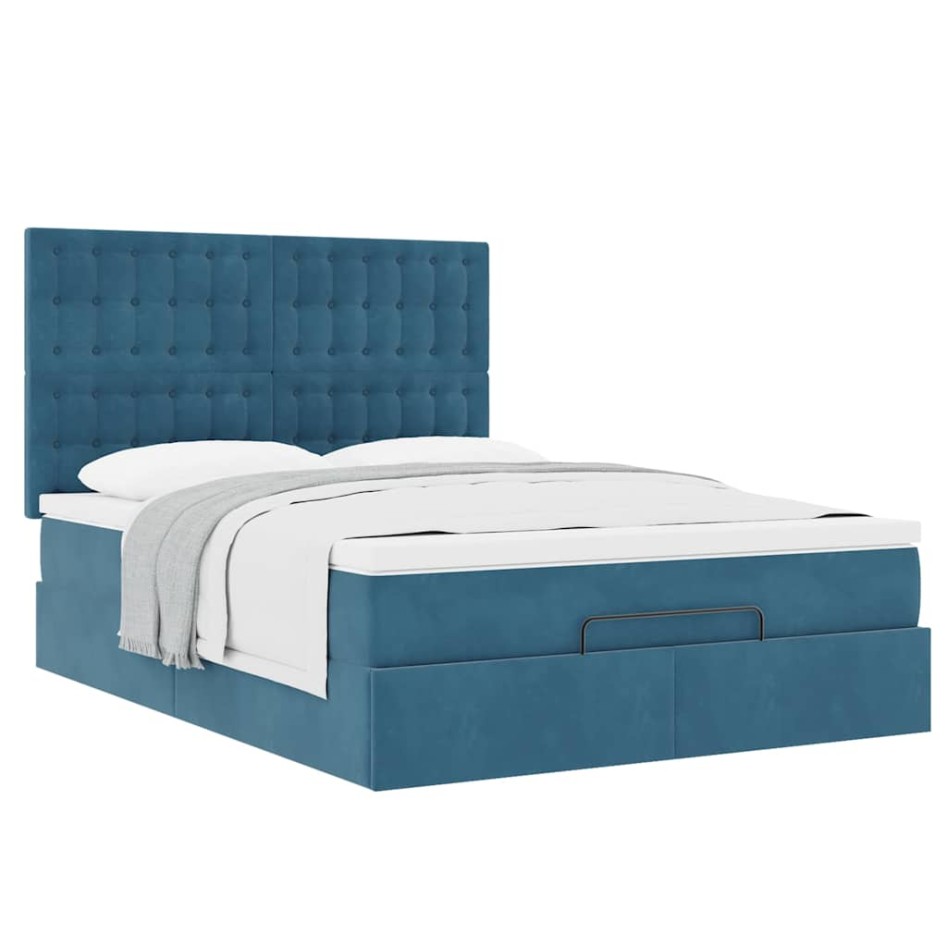 Estructura de cama otomana con colchones terciopelo azul