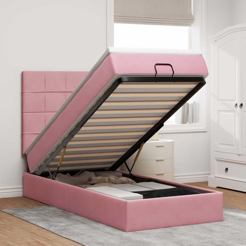 Estructura cama otomana con colchones terciopelo rosa
