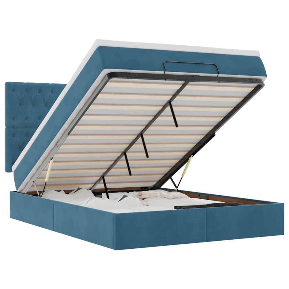 Estructura de cama otomana con colchones terciopelo azul