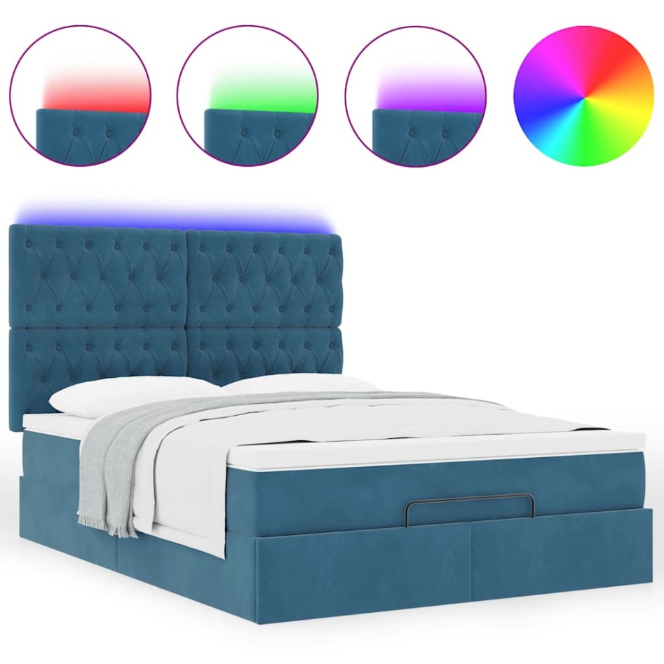 Estructura de cama otomana con colchones terciopelo azul