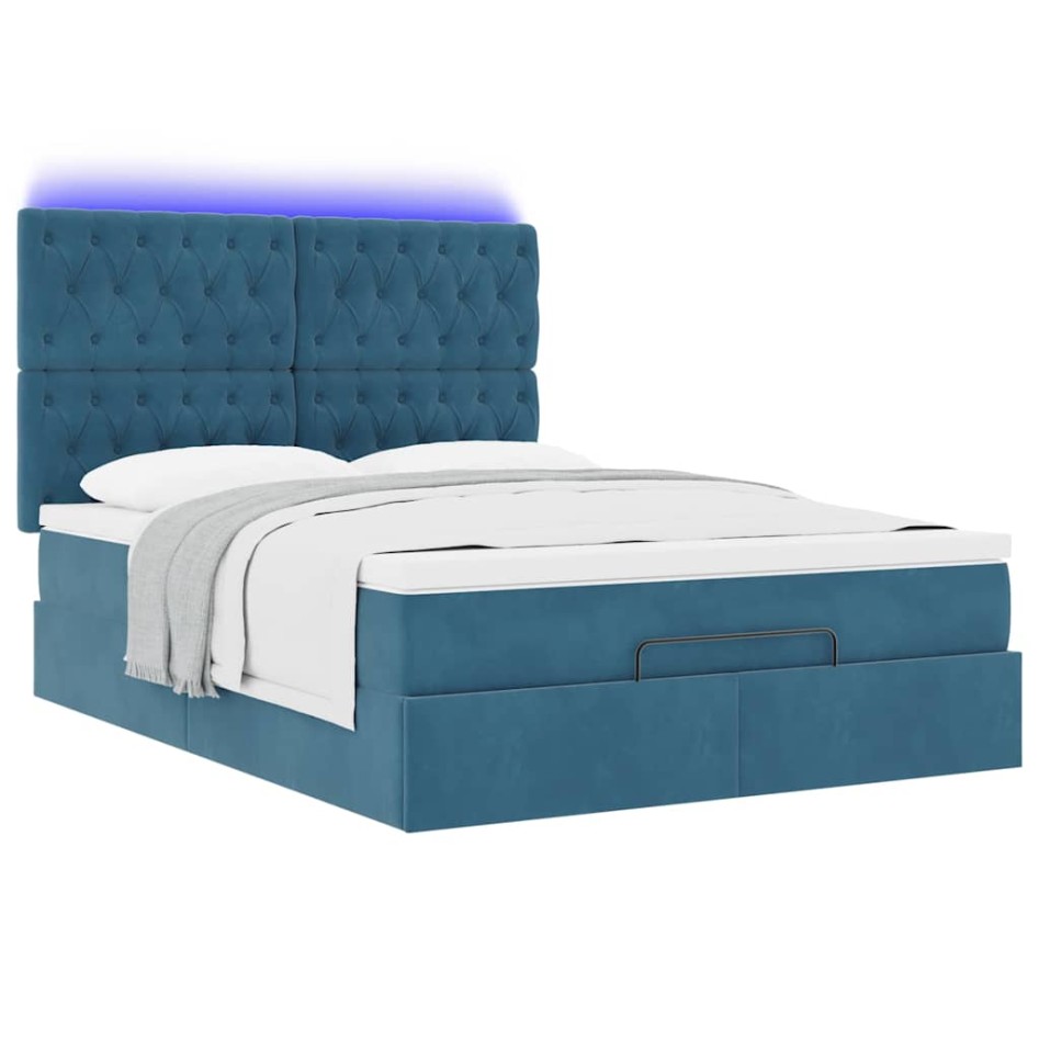 Estructura de cama otomana con colchones terciopelo azul