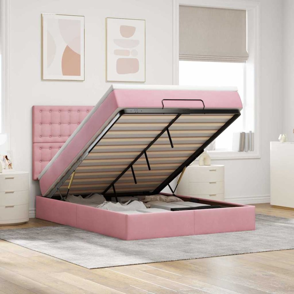 Estructura cama otomana con colchones terciopelo rosa