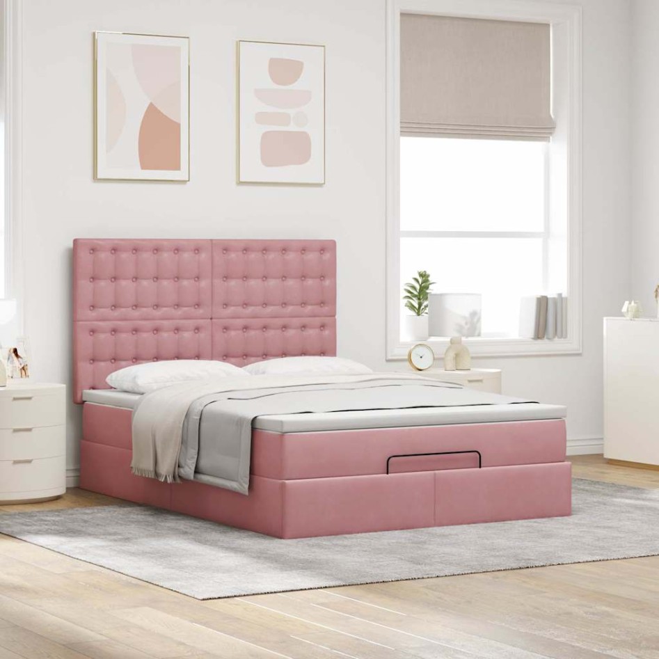 Estructura cama otomana con colchones terciopelo rosa
