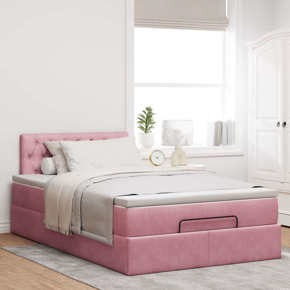 Estructura de cama otomana colchón terciopelo rosa
