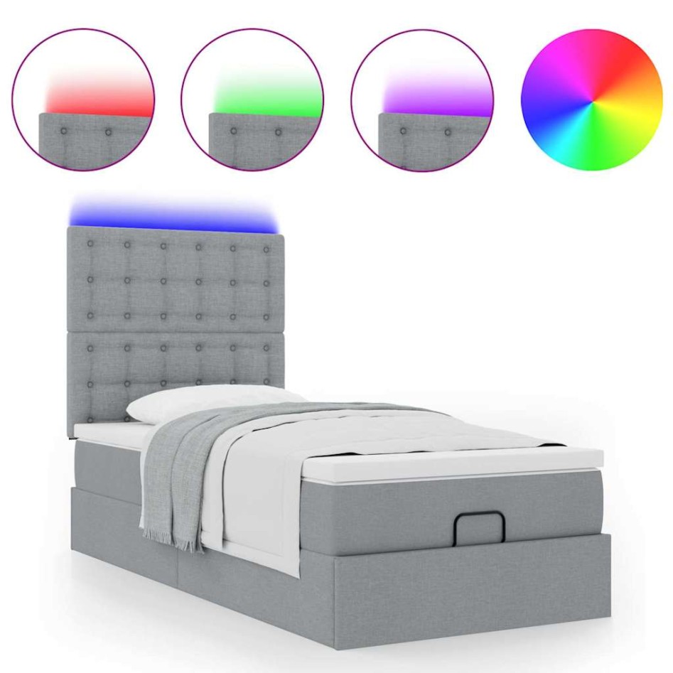 Cama otomana con colchón y LED tela gris claro 90x200