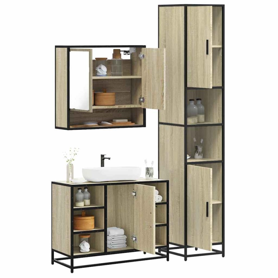 Set de muebles de baño 3 pzas madera contrachapada roble