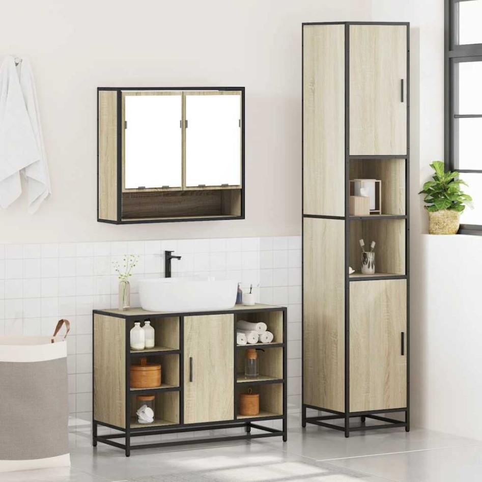 Set de muebles de baño 3 pzas madera contrachapada roble