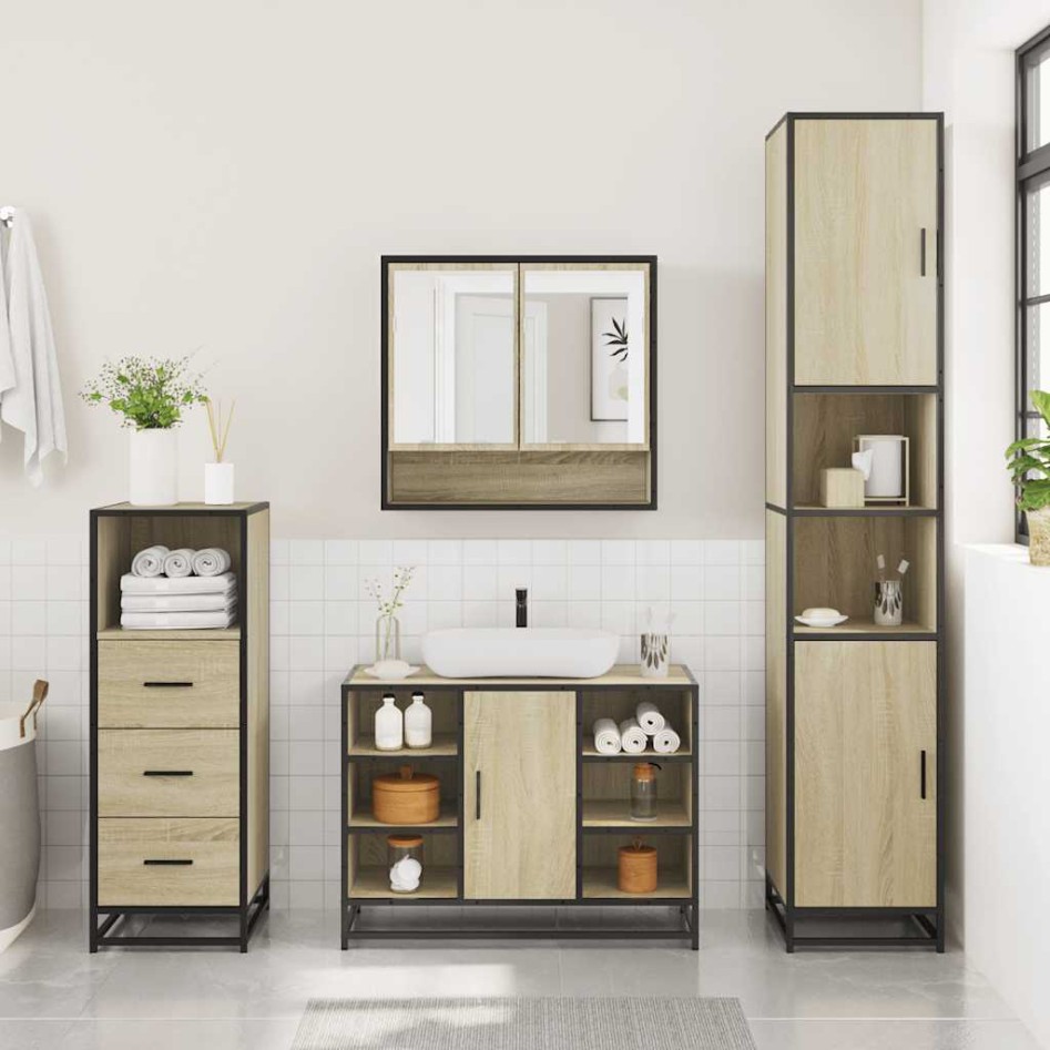 Set de muebles de baño 3 pzas madera contrachapada roble
