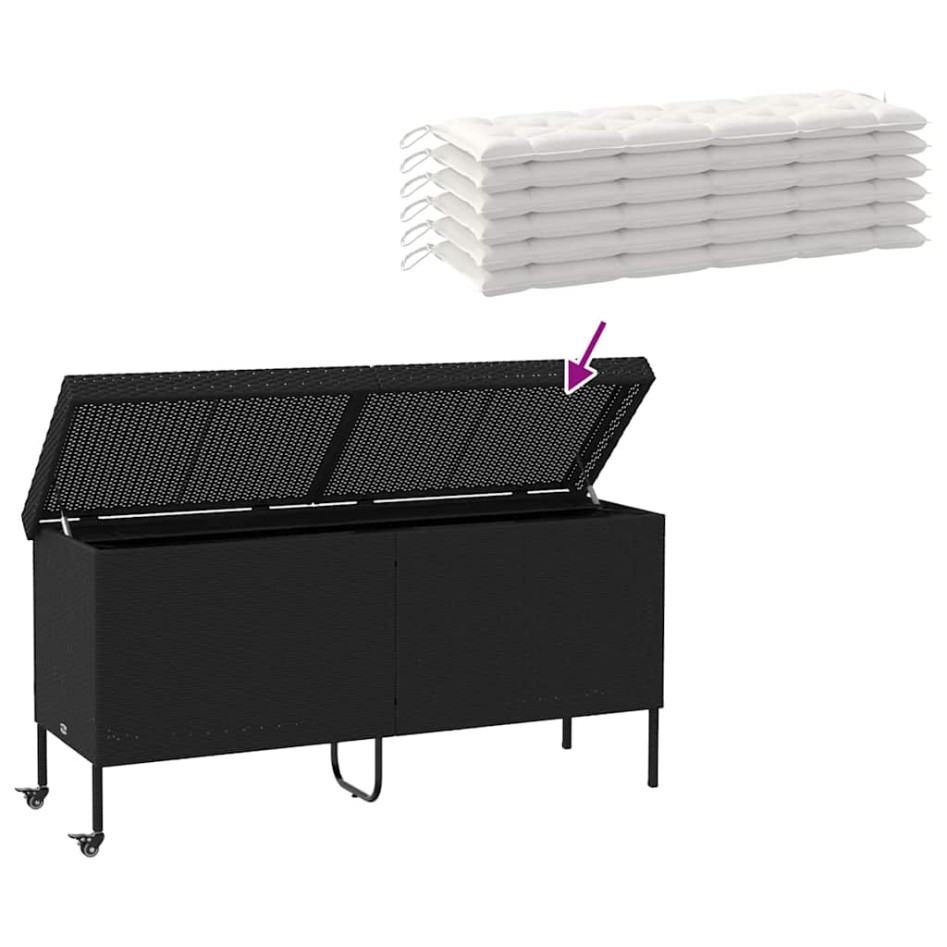 Caja almacenaje jardín ruedas ratán sintético negro