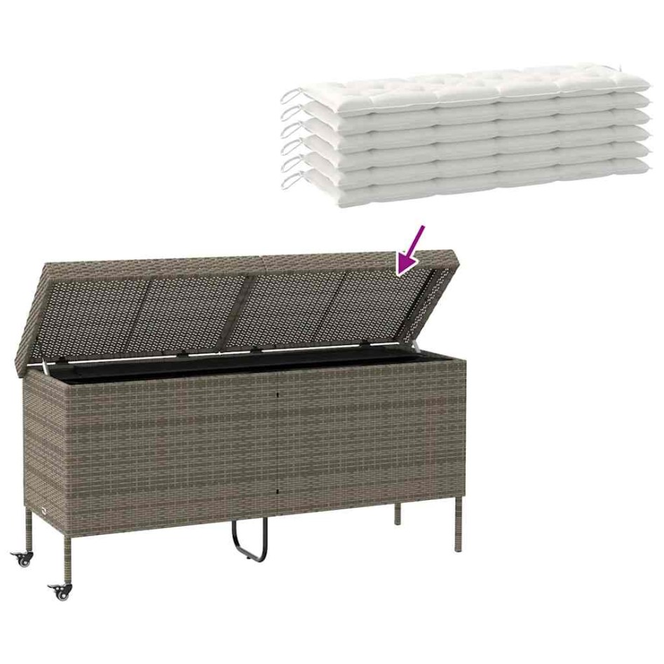 Caja almacenaje jardín ruedas ratán sintético gris 160x55x75