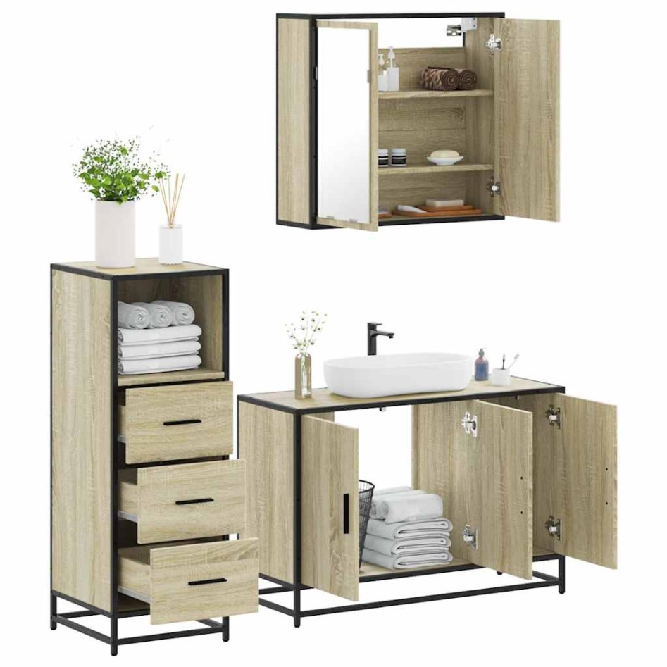 Set de muebles de baño 3 pzas madera contrachapada roble