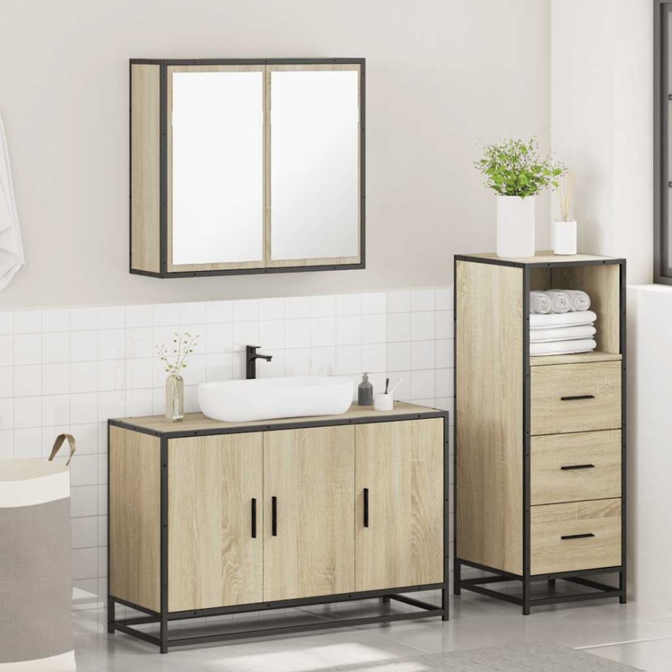 Set de muebles de baño 3 pzas madera contrachapada roble