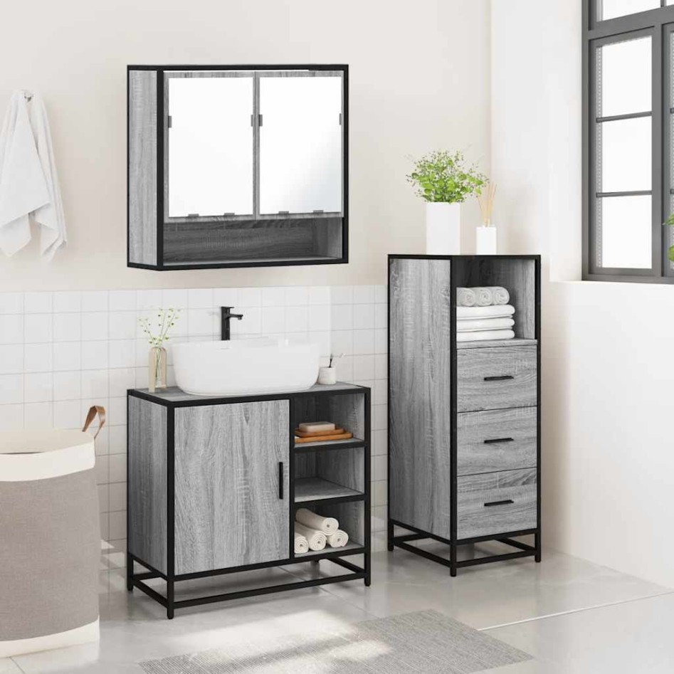Set de muebles de baño 3 pzas madera contrachapada gris