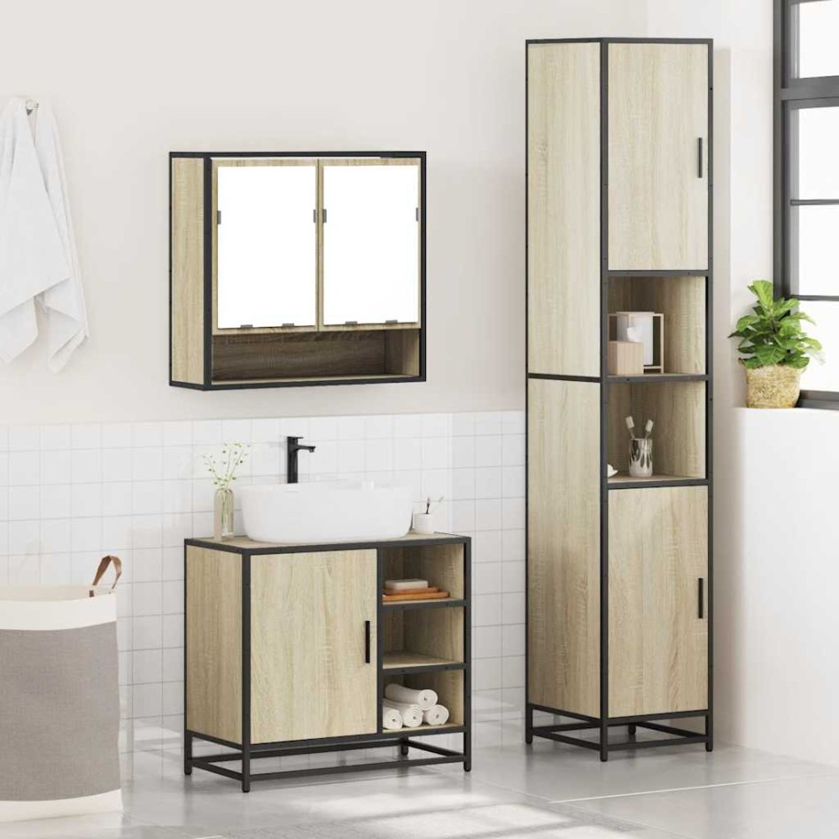 Set de muebles de baño 3 pzas madera contrachapada roble
