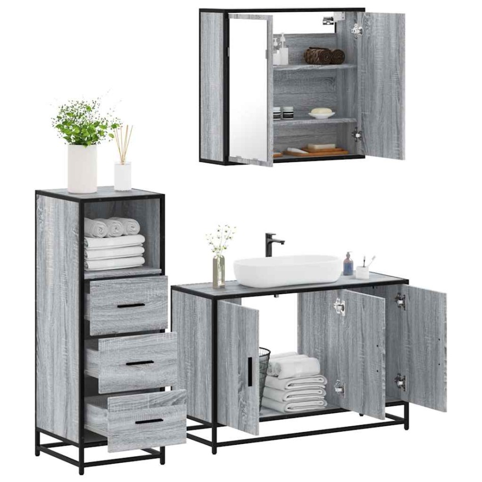 Set de muebles de baño 3 pzas madera contrachapada gris
