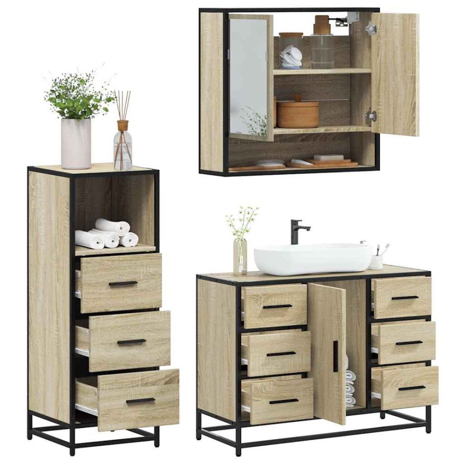 Set de muebles de baño 3 pzas madera contrachapada roble