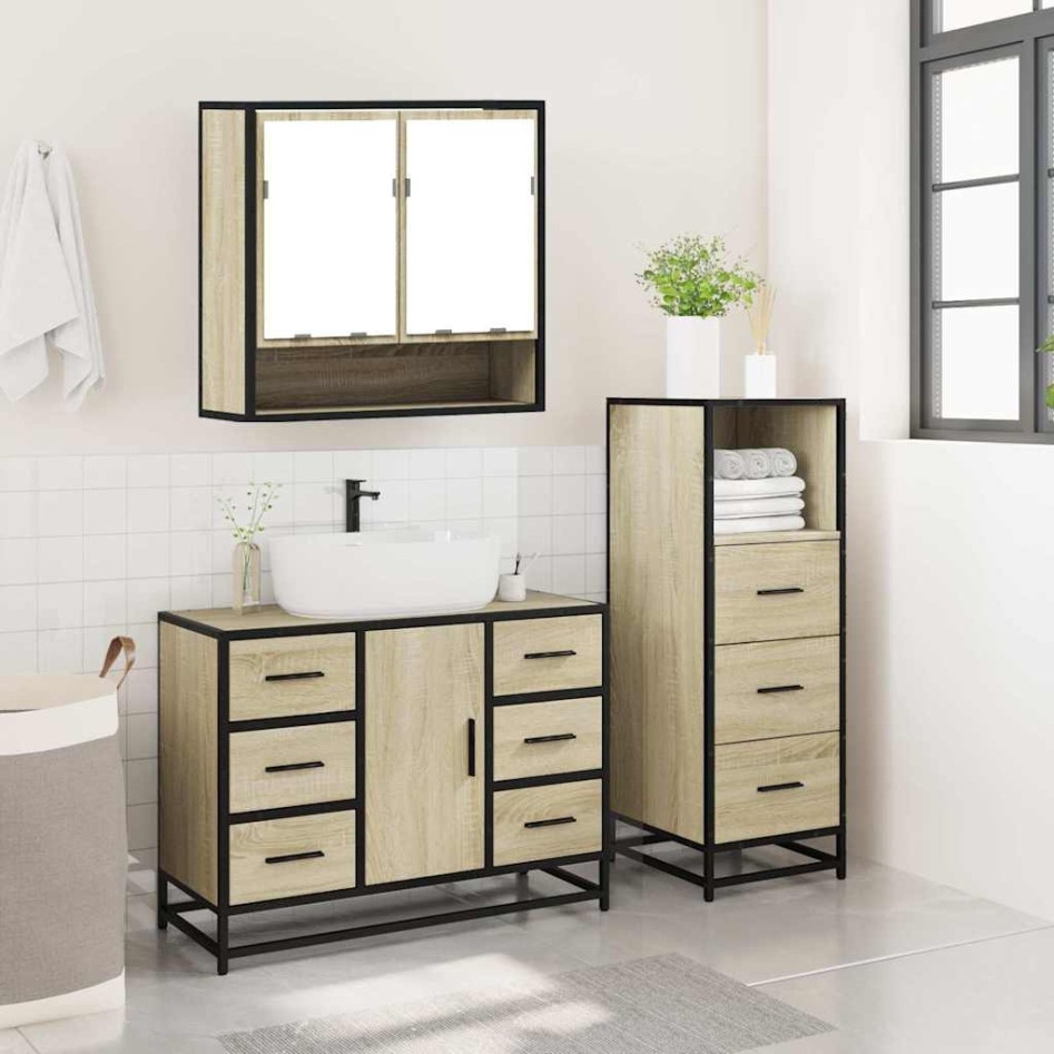 Set de muebles de baño 3 pzas madera contrachapada roble