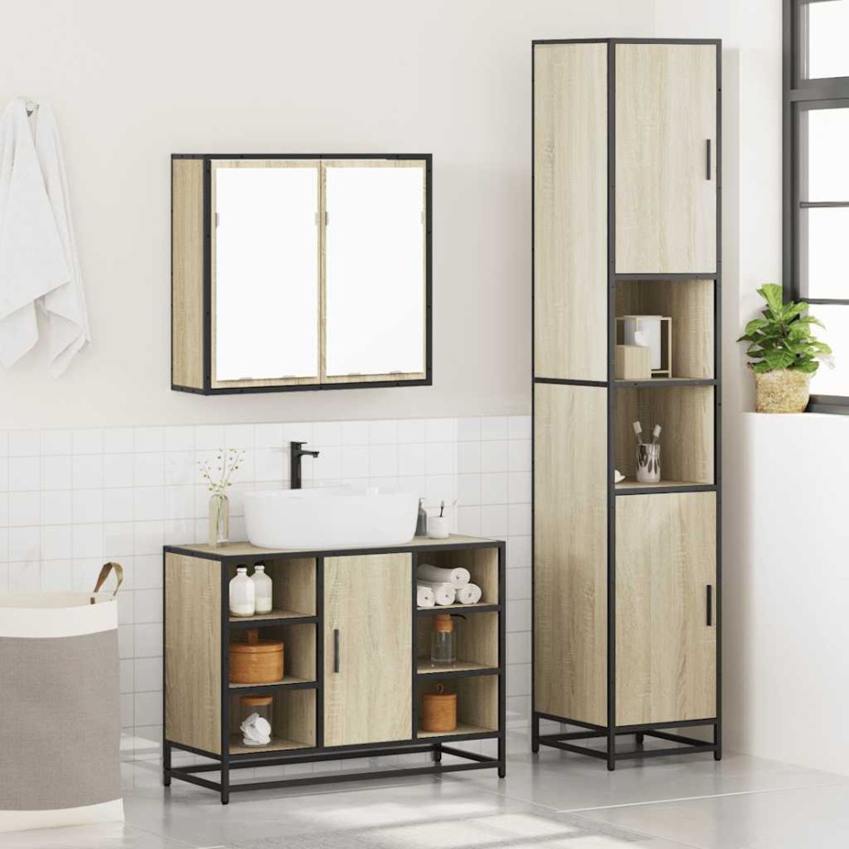 Set de muebles de baño 3 pzas madera contrachapada roble