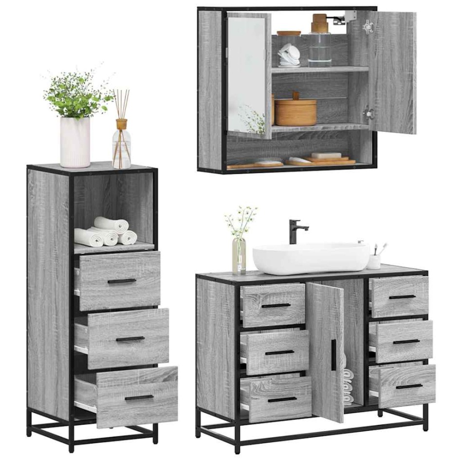 Set de muebles de baño 3 pzas madera contrachapada gris