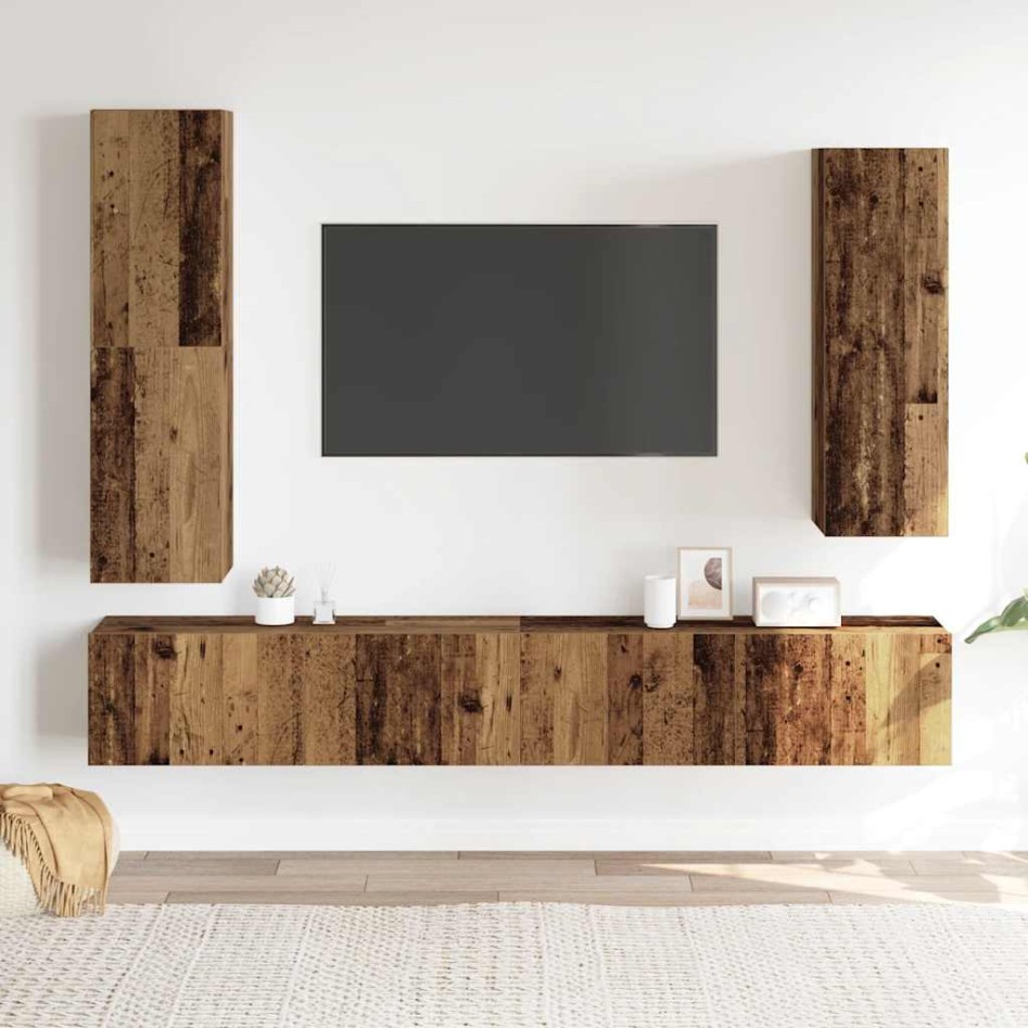 Conjunto de mueble de TV 4 piezas montado la pared madera