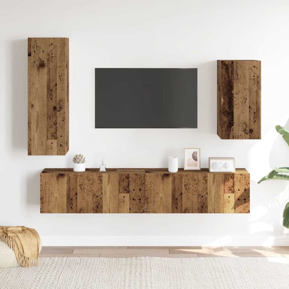 Conjunto de mueble de TV 4 piezas montado la pared madera
