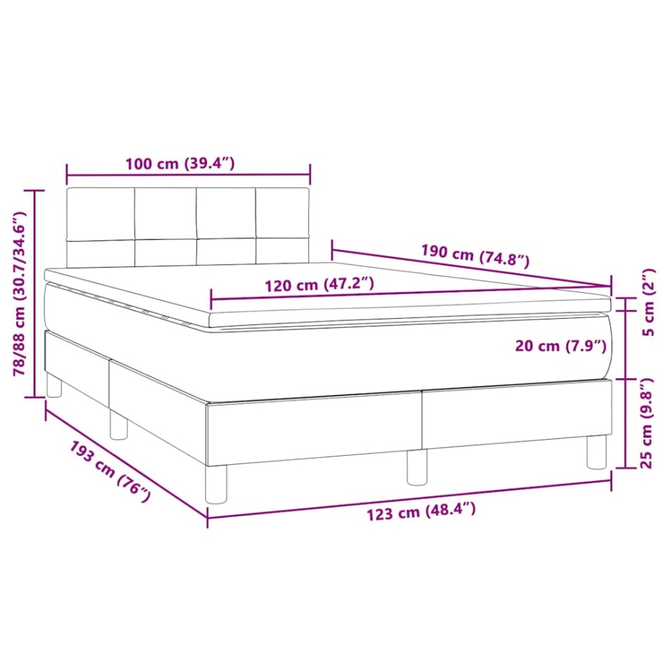 Cama box spring colchón y LED terciopelo gris oscuro 120x190