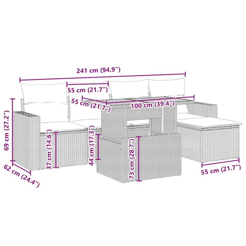 Juego de sofás jardín con cojines 6 pzas ratán sintético
