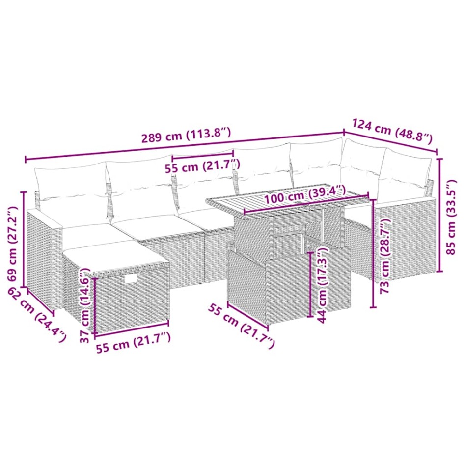 Juego de sofás de jardín con cojines beige 8 pzas ratán