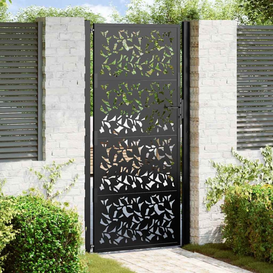 Puerta de jardín de diseño de hojas de acero negra 105x205