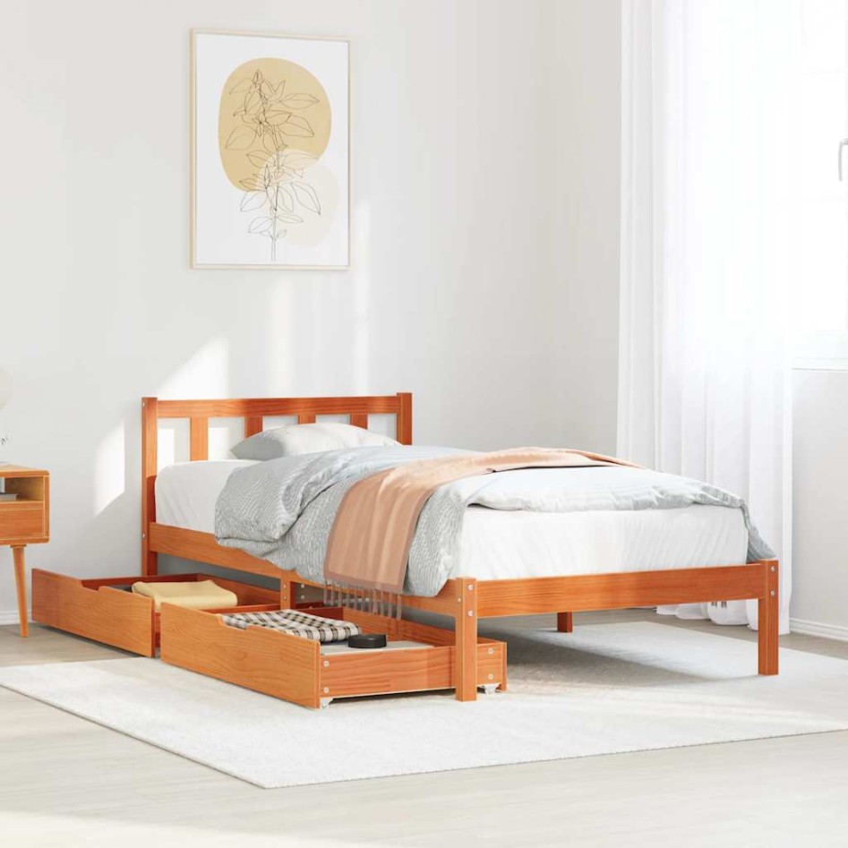 Cama sin colchón madera maciza de pino marrón cera 100x200