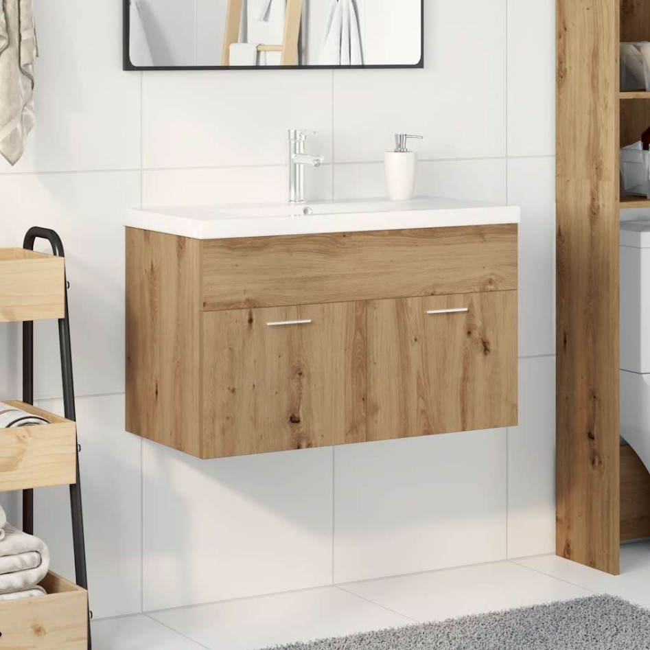 Mueble para lavabo con lavabo integrado y grifo roble