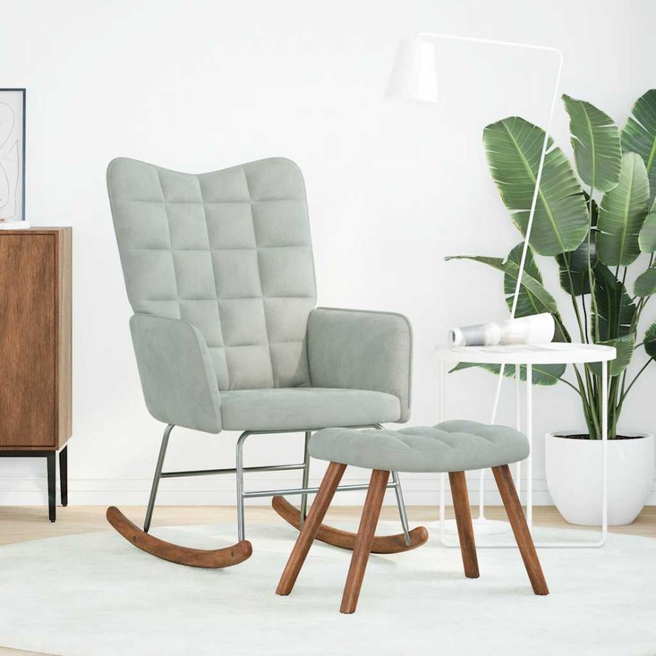 Mecedora con taburete de terciopelo gris