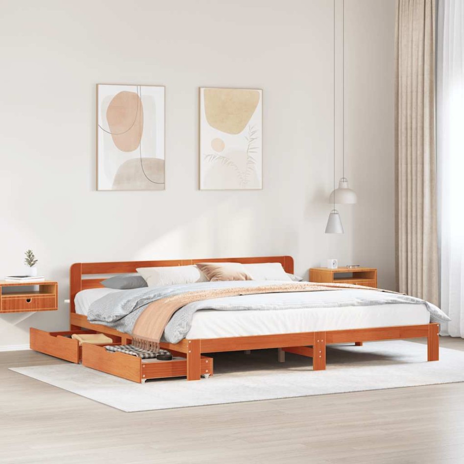 Cama sin colchón madera maciza de pino marrón cera 180x200