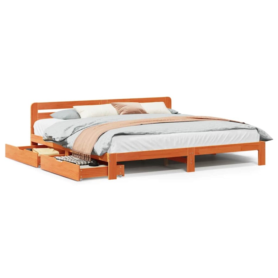 Cama sin colchón madera maciza de pino marrón cera 180x200