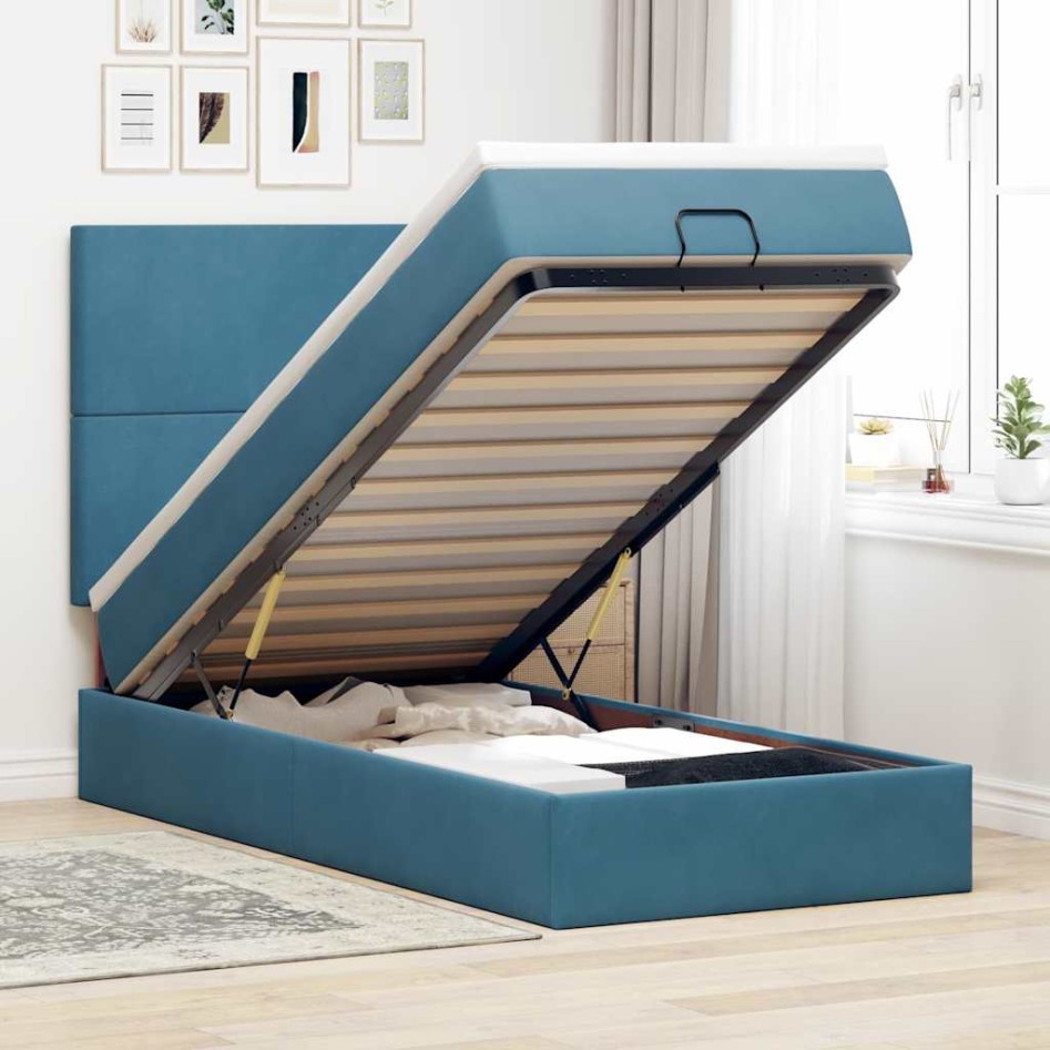 Estructura de cama otomana con colchones terciopelo azul