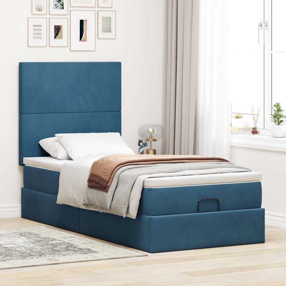 Estructura de cama otomana con colchones terciopelo azul