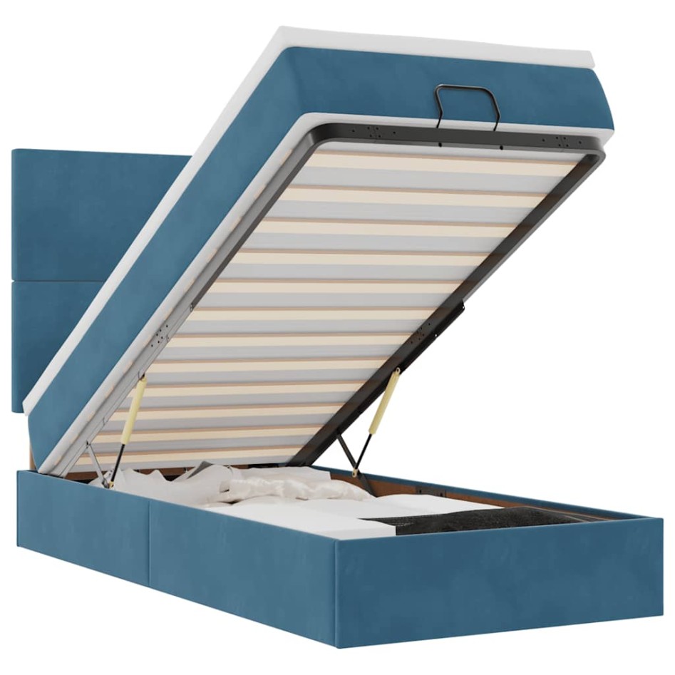 Estructura de cama otomana colchones terciopelo azul