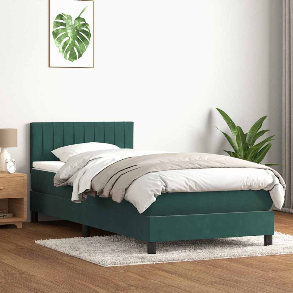 Cama box spring con colchón terciopelo verde oscuro 90x220