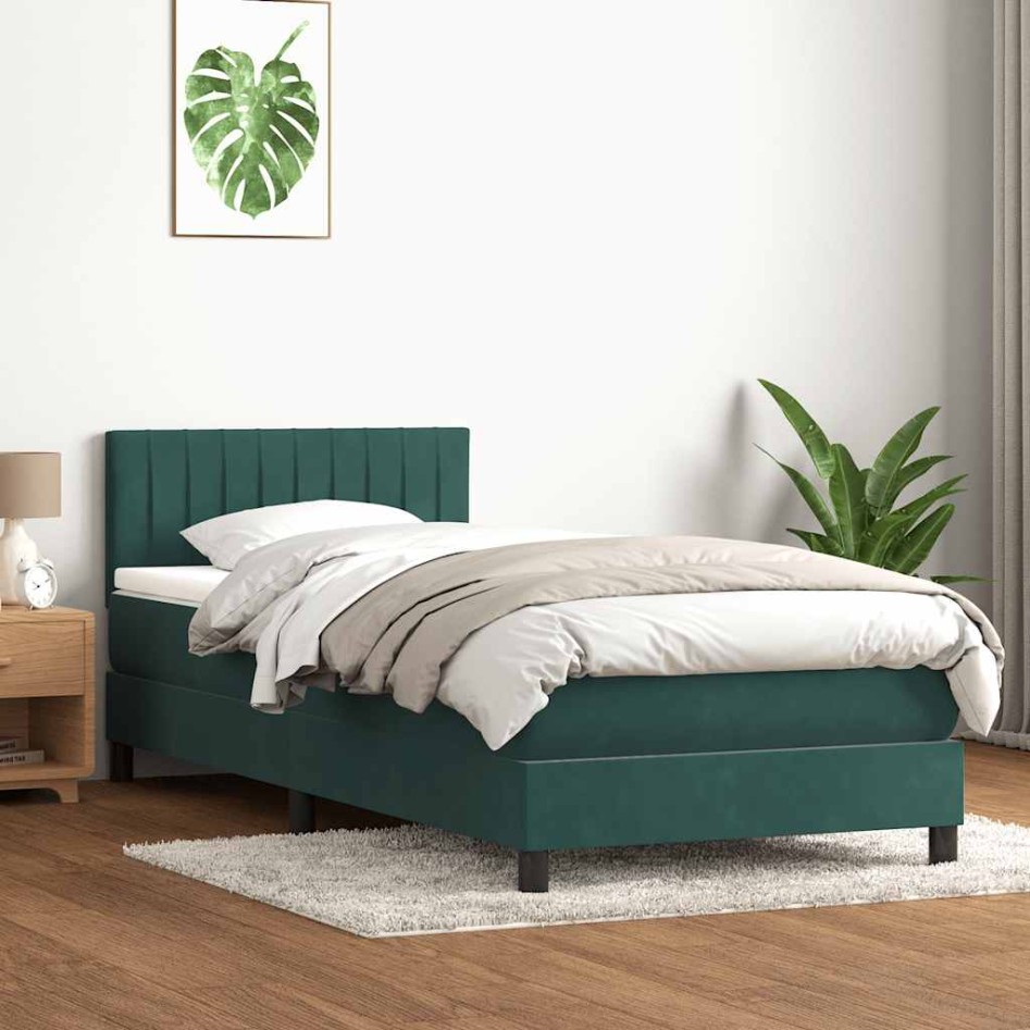 Cama box spring con colchón terciopelo verde oscuro 90x210