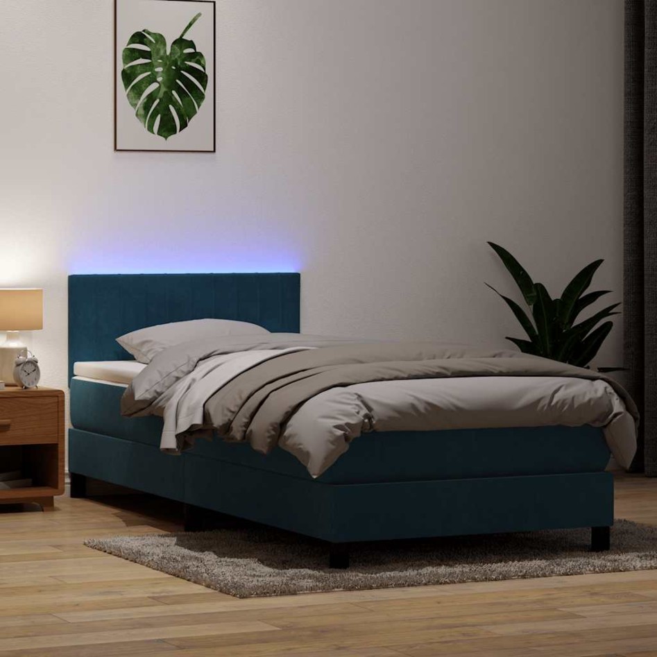 Cama box spring con colchón terciopelo azul oscuro 80x210