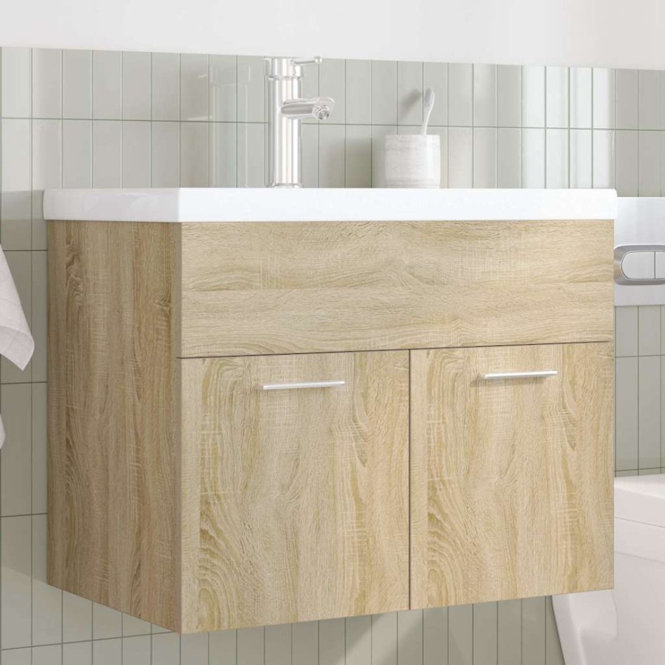 Mueble de baño con lavabo incorporado y grifo roble