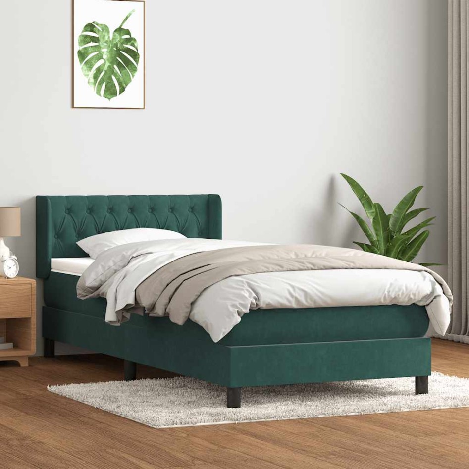 Cama box spring con colchón terciopelo verde oscuro 90x220