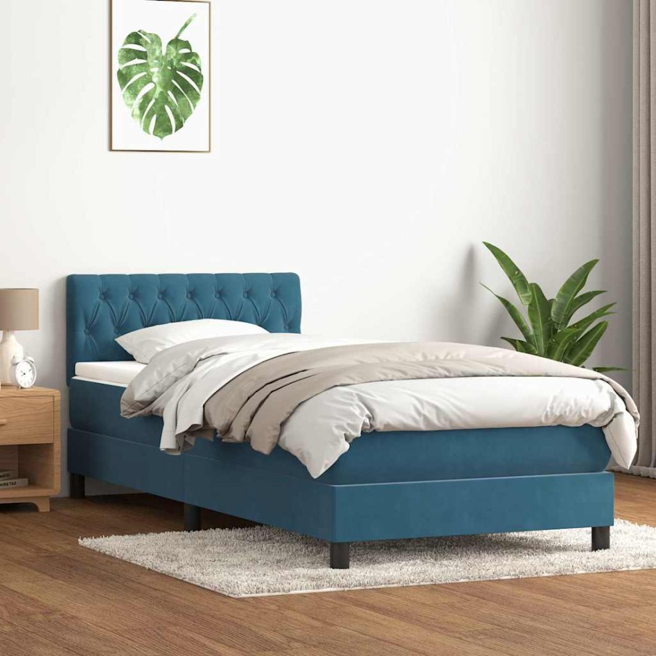 Cama box spring con colchón terciopelo azul oscuro 80x210